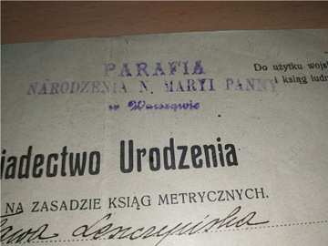 Świadectwo Urodzenia 1922 Warszawa