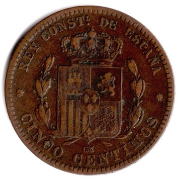 Hiszpania 5 centimos 1878, KM# 674