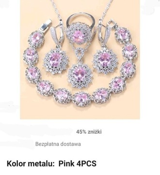 Srebrny miedziany kpl biżuterii różowe kryształy