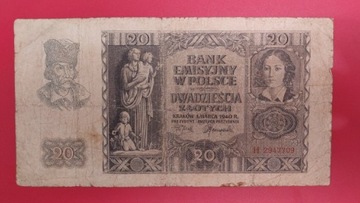 Banknot 20 zł z 1940 r. Ser. H