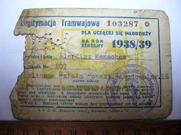 LEGITYMACJA TRAMWAJOWA 1938/39r. WARSZAWA