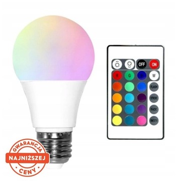 ŻARÓWKA KOLOROWA RGB E27 LED 9W 16 KOLORÓW + PILOT