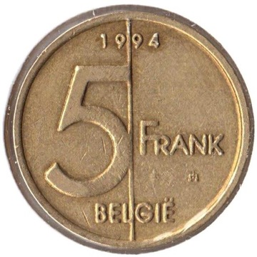 BELGIA, 5 franków 1994, KM 190, tekst niderlandzki