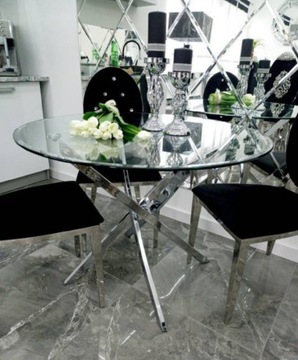 stół glamour diament chrom okrągły szyba 100