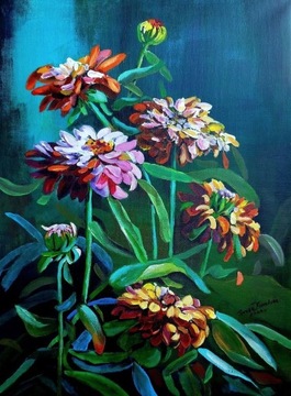 "Kwiaty Cynie " obraz olej na płótnie