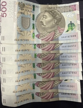 Banknoty 500 PLN Serii AA41XXXXX oraz AA47XXXXX