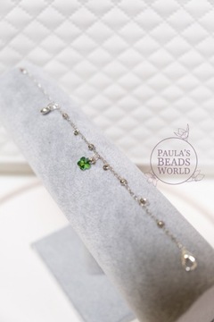 Delikatna srebrna bransoletka z zielonym kwiatkiem | Handmade