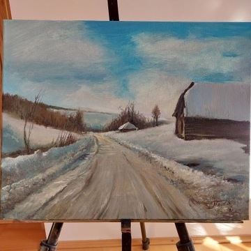 Obraz olejny ręcznie malowany 40x50 cm Pejzaż zimo