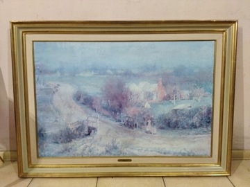 Piękny obraz zima w drewnianej ramie 108x78cm 