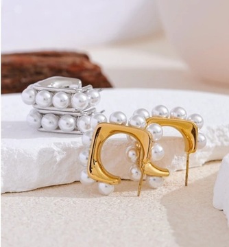 Srebrne i złote kolczyki ze stali z perłami 2 pary