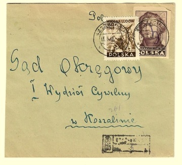 Koperta z 1948r ze znaczkami nr 436 i 450 Polecony