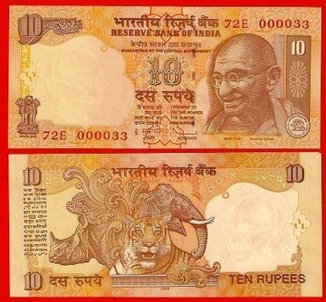 Banknot Indie 10 Rupii 2011 rok