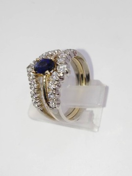 Przepiękny złoty pierścionek z szafirem i brylantami