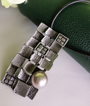 Naszyjnik Art -broszka -Srebrne kwadraty z perlami