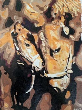Obraz akrylowy ręcznie malowany abstrakcja Klacz i źrebię  40x50 cm