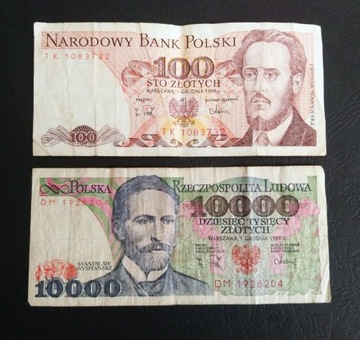 Stary banknot Polska 100 zł / 10 000 zł 1988 rok PRL zestaw banknotów 