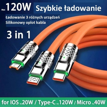 Kabel Szybkiego Ładowania 3 w 1 - Pomarańczowy