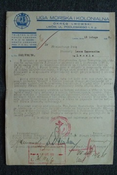Liga Morska Kolonialna Papier Firmowy Lwów 1938