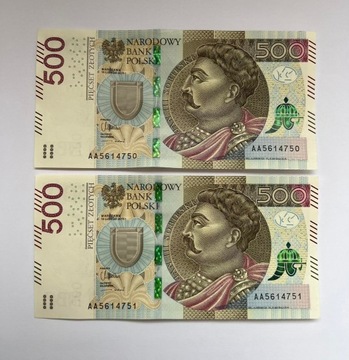 Para banknotów 500 zł seria AA kolejne numery