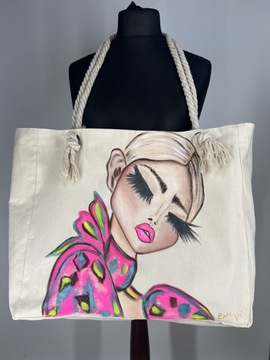 Duża bezowa płócienna torba plażowa shopperka kobieta ręcznie malowana