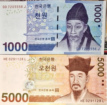 SOUTH KOREA - 1000, 5000 Won UNC Banknote