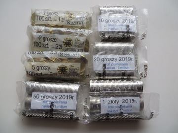 1, 2, 5 groszy 2013r. 10,20,50 gr. i 1 zł 2019r.