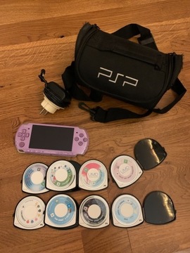 PSP FIOLETOWE, etui na gry i transporter + 8 Gier 