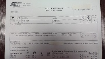 Bilet PKP Wiedeń-Katowice 14.02.2023