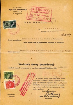 1939 PMW, TARNÓW, DORĘCZENIOWY Fi.8, OPŁATA SĄDOWA