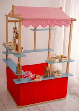 Drewniany stragan, bezpieczna zabawka Montessori. 