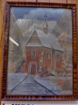 Obraz malowany, stary drewniany kościółek, sygnowa