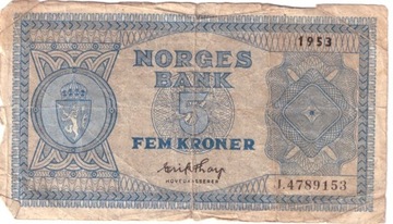 Norwegia, banknot 5 koron 1953 - st. 5