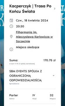 Dwa bilety na koncert Kacperczyka Szczecin 