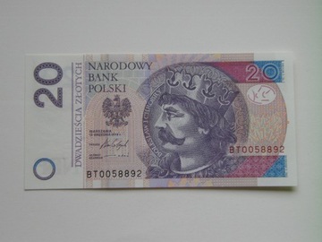 20 zł złotych 2016 UNC z paczki seria BT dwa zera!