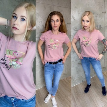 Koszulka damska T-shirt różowa nadruk Flaming
