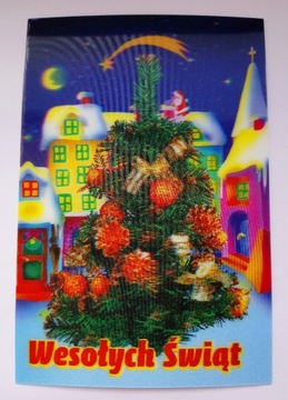 Pocztówka 3D stara - Choinka i świąteczne miasto - Wesołych Świąt