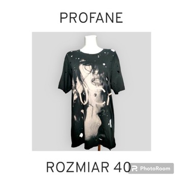 Profane czarny t-shirt z nadrukiem i dziurami L