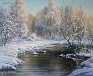 Krajobraz Zimowy- Rzeka, obraz olejny, L. Olbrycht