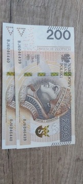 Banknot 200 zł seria BJ 2x kolejne numery