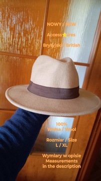   NOWY Damski elegancki kapelusz, 100% Wełna, L/XL