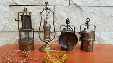 4 x mała, stara, mosiężna lampa górnicza, lampy górnicze