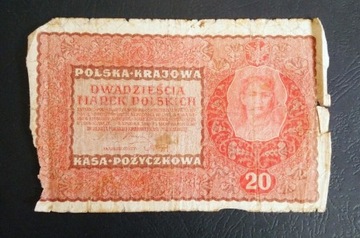 Stary banknot Polska 20 marek polskich 1919 rok 