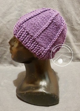 Ciepła dwustronna czapka handmade wełna fiolet