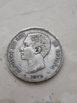 Hiszpania 5 pesetas 1875 r. 25gr ag900