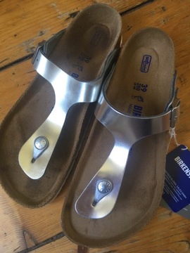 Sandały klapki Birkenstock 39 skóra srebrne