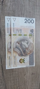Banknot 200 zł seria BN 2x kolejne numery