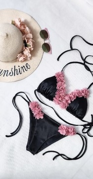 Strój kąpielowy czarny kwiaty hawajskie 3d bikini 