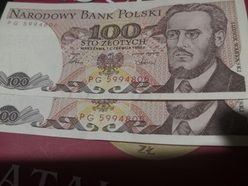 Zestaw, 2 Banknoty 100 zł1986 rWARYŃSKI,nr kolejne