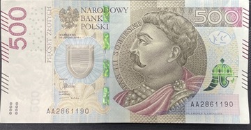 Banknot 500 PLN Rok 2016 Serii AA2861190