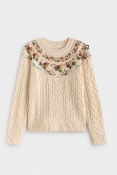 Sweter Oysho Zara Vintage Haft Kwiaty Boho Ecru